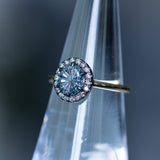1.40ct Fantasy Carved Untreated Montana Sapphire and Antiqued Diamond Halo ring in 14k Yellow Gold