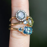 2.53ct Untreated Glowy Teal Cushion Cut Sapphire and Trillion Sapphire Antique Compass East-West Set Low Profile Ring in 14k Yellow Gold