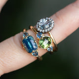 2.53ct Untreated Glowy Teal Cushion Cut Sapphire and Trillion Sapphire Antique Compass East-West Set Low Profile Ring in 14k Yellow Gold