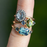 2.53ct Untreated Glowy Teal Cushion Cut Sapphire and Trillion Sapphire Antique Compass East-West Set Low Profile Ring in 14k Yellow Gold