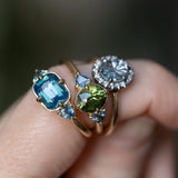 1.40ct Fantasy Carved Untreated Montana Sapphire and Antiqued Diamond Halo ring in 14k Yellow Gold