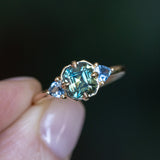 1.75ct Asscher Cut Parti Madagascar Sapphire and Trillion Sapphire Antique Compass Set Low Profile Ring in 14k Yellow Gold