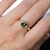 1.30ct Radiant Cut Australian Green Sapphire and Trillion Diamond Low Profile Ring in 18k Yellow Gold