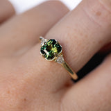 1.30ct Radiant Cut Australian Green Sapphire and Trillion Diamond Low Profile Ring in 18k Yellow Gold