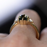 1.30ct Radiant Cut Australian Green Sapphire and Trillion Diamond Low Profile Ring in 18k Yellow Gold