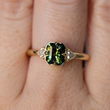 1.30ct Radiant Cut Australian Green Sapphire and Trillion Diamond Low Profile Ring in 18k Yellow Gold