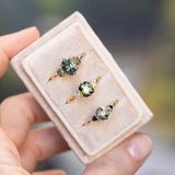 1.75ct Oval Parti Untreated Madagascar Sapphire and Green Oval Sapphire Three Stone Ring in 14k Yellow Gold