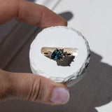1.73ct Trillion Teal Blue Untreated Montana Sapphire and Natural Diamond Mountainscape Ring in 14k Yellow Gold