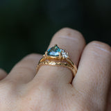 1.73ct Trillion Teal Blue Untreated Montana Sapphire and Natural Diamond Mountainscape Ring in 14k Yellow Gold