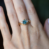 1.73ct Trillion Teal Blue Untreated Montana Sapphire and Natural Diamond Mountainscape Ring in 14k Yellow Gold