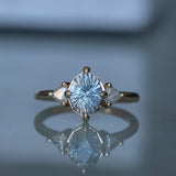 2.09ct Untreated Tanzanian Color Shifting Fantasy Cut Sapphire and Diamond Antique Milgrain Three Stone Low Profile Ring in 14k Yellow Gold