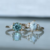 2.35ct Round Unheated Montana Sapphire and Natural Pear Diamond Three Stone Low Profile Ring in 14k Yellow Gold