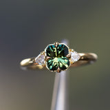 1.30ct Radiant Cut Australian Green Sapphire and Trillion Diamond Low Profile Ring in 18k Yellow Gold
