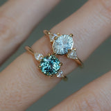 2.35ct Round Unheated Montana Sapphire and Natural Pear Diamond Three Stone Low Profile Ring in 14k Yellow Gold