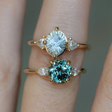 2.35ct Round Unheated Montana Sapphire and Natural Pear Diamond Three Stone Low Profile Ring in 14k Yellow Gold