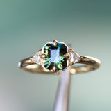 1.30ct Radiant Cut Australian Green Sapphire and Trillion Diamond Low Profile Ring in 18k Yellow Gold