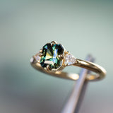 1.30ct Radiant Cut Australian Green Sapphire and Trillion Diamond Low Profile Ring in 18k Yellow Gold