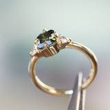 1.30ct Radiant Cut Australian Green Sapphire and Trillion Diamond Low Profile Ring in 18k Yellow Gold