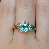 3.17ct Cushion Parti Teal Sapphire and Trillion Sapphire Antique Compass Set Low Profile Ring in 18k Yellow Gold