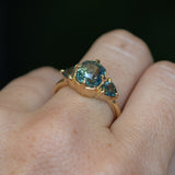 3.17ct Cushion Parti Teal Sapphire and Trillion Sapphire Antique Compass Set Low Profile Ring in 18k Yellow Gold