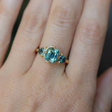 3.17ct Cushion Parti Teal Sapphire and Trillion Sapphire Antique Compass Set Low Profile Ring in 18k Yellow Gold