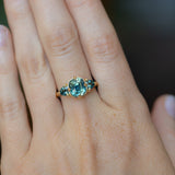 3.17ct Cushion Parti Teal Sapphire and Trillion Sapphire Antique Compass Set Low Profile Ring in 18k Yellow Gold