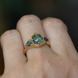 3.17ct Cushion Parti Teal Sapphire and Trillion Sapphire Antique Compass Set Low Profile Ring in 18k Yellow Gold