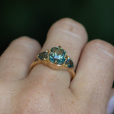 3.17ct Cushion Parti Teal Sapphire and Trillion Sapphire Antique Compass Set Low Profile Ring in 18k Yellow Gold