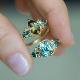 3.17ct Cushion Parti Teal Sapphire and Trillion Sapphire Antique Compass Set Low Profile Ring in 18k Yellow Gold