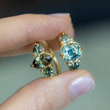 3.17ct Cushion Parti Teal Sapphire and Trillion Sapphire Antique Compass Set Low Profile Ring in 18k Yellow Gold