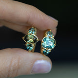 3.17ct Cushion Parti Teal Sapphire and Trillion Sapphire Antique Compass Set Low Profile Ring in 18k Yellow Gold