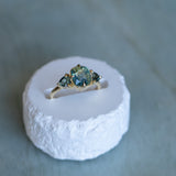 3.17ct Cushion Parti Teal Sapphire and Trillion Sapphire Antique Compass Set Low Profile Ring in 18k Yellow Gold