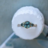 3.17ct Cushion Parti Teal Sapphire and Trillion Sapphire Antique Compass Set Low Profile Ring in 18k Yellow Gold