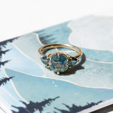 3.17ct Cushion Parti Teal Sapphire and Trillion Sapphire Antique Compass Set Low Profile Ring in 18k Yellow Gold