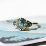 3.17ct Cushion Parti Teal Sapphire and Trillion Sapphire Antique Compass Set Low Profile Ring in 18k Yellow Gold