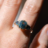 3.17ct Cushion Parti Teal Sapphire and Trillion Sapphire Antique Compass Set Low Profile Ring in 18k Yellow Gold