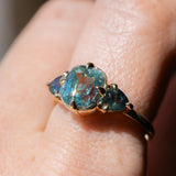 3.17ct Cushion Parti Teal Sapphire and Trillion Sapphire Antique Compass Set Low Profile Ring in 18k Yellow Gold
