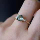 2.35ct Round Unheated Montana Sapphire and Natural Pear Diamond Three Stone Low Profile Ring in 14k Yellow Gold