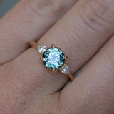 2.35ct Round Unheated Montana Sapphire and Natural Pear Diamond Three Stone Low Profile Ring in 14k Yellow Gold