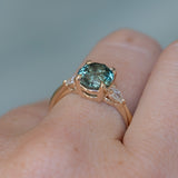 2.35ct Round Unheated Montana Sapphire and Natural Pear Diamond Three Stone Low Profile Ring in 14k Yellow Gold