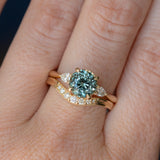 2.35ct Round Unheated Montana Sapphire and Natural Pear Diamond Three Stone Low Profile Ring in 14k Yellow Gold