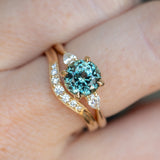 2.35ct Round Unheated Montana Sapphire and Natural Pear Diamond Three Stone Low Profile Ring in 14k Yellow Gold