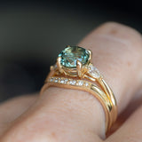 2.35ct Round Unheated Montana Sapphire and Natural Pear Diamond Three Stone Low Profile Ring in 14k Yellow Gold