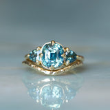 3.17ct Cushion Parti Teal Sapphire and Trillion Sapphire Antique Compass Set Low Profile Ring in 18k Yellow Gold