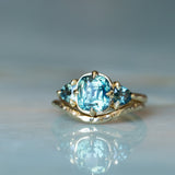 3.17ct Cushion Parti Teal Sapphire and Trillion Sapphire Antique Compass Set Low Profile Ring in 18k Yellow Gold