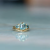 3.17ct Cushion Parti Teal Sapphire and Trillion Sapphire Antique Compass Set Low Profile Ring in 18k Yellow Gold