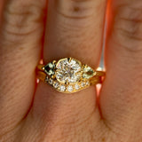 0.96ct Antique Old Mine Cut Diamond and Trillion Seafoam Montana Sapphire Antique Style Compass Set Low Profile Ring with Milgrain in 18k Yellow Gold