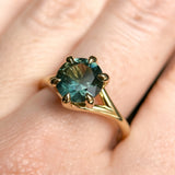 2.57ct Untreated Australian Teal Sapphire Low Profile Split Shank Six Prong Ring in 18k Yellow Gold