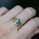 1.30ct Emerald Cut Madagascar Sapphire and 0.98ctw Montana Sapphire Three Stone Low Profile Ring in 18k Yellow Gold