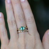 1.30ct Emerald Cut Madagascar Sapphire and 0.98ctw Montana Sapphire Three Stone Low Profile Ring in 18k Yellow Gold